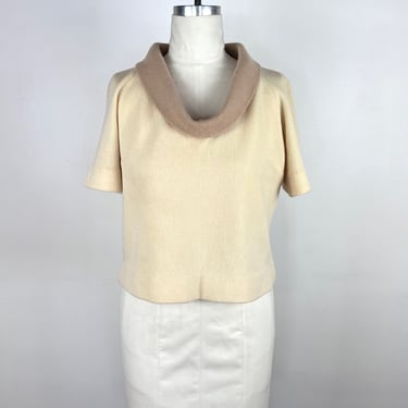 Vintage 60s Sweater / Fold Over Vintage Cream and Brown Beige Sweater / 1950s 1960s Vintage Crocheted Knit Sweater / XS Small Women Pullover 