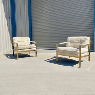 1970s Mid-Century Brass and White Lounge Chair Styled After Milo Baughman 