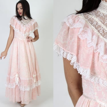 80s Gunne Sax Pink Floral Maxi Dress / High Neck Victorian Full Skirt / Edwardian Western Saloon Prom Wedding Gown 
