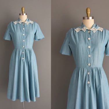 1950s vintage dress | Chambray Cotton Short Sleeve Summer Day Dress | Small Medium | 50s dress 