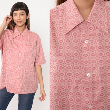 70s Button Up Shirt Pink Geometric Mosaic Tile Print Top Short Sleeve Collared Oxford Pattern Shirt Retro Vintage 1970s Men's Large 