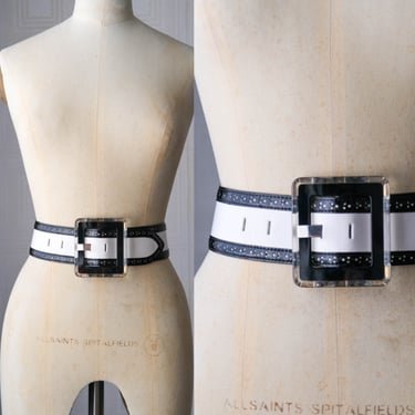 Vintage CARLISLE Black & White Patent Leather Stripe Belt w/ Square Acrylic Buckle | Made in USA | 100% Genuine Leather | Y2K Designer Belt 