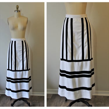 Vintage 1960s 60s Joseph Magnin California MOD White Knit Black Velvet Mod Geometric Stripes Event Evening Maxi Skirt MCM // US 6 8 Med 