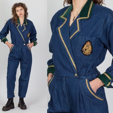 80s Denim Green Velvet Trim Jumpsuit - Small | Vintage Jean Fitted Waist Wrap Tapered Leg Coverall Pantsuit 