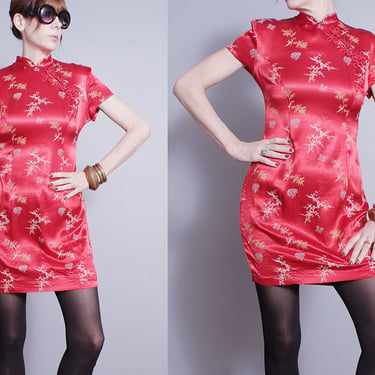 Vintage 1990's | Red | Asian Inspired | Cheongsam | Mandarin Collar | Mini | Dress | S 