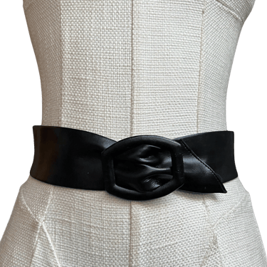 Vintage Women's Black Leather Wide Ruched Waist Belt
