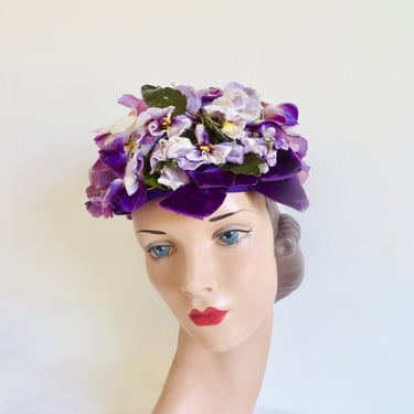1960's Purple and Lavender Silk and Velvet Pansies Floral Hat Ribbon Flowerpot Pillbox 60's Millinery Strawbridge & Clothier 