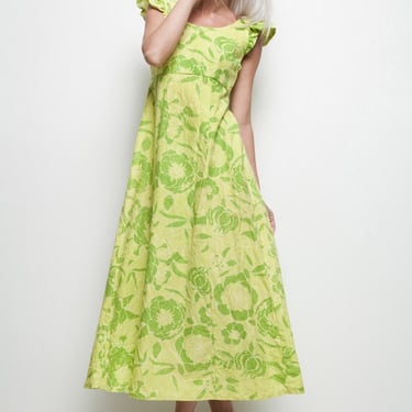 empire maxi dress green floral ruffle sleeves vintage 70s textured M MEDIUM 