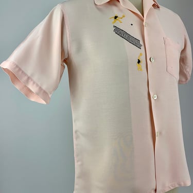 Rare... 1950's Powder Pink Shirt - Embroidered Tennis Players - Rayon Fabric - Patch Pocket - Boy's Size 20 (Men's XSmall or Women's Medium) 