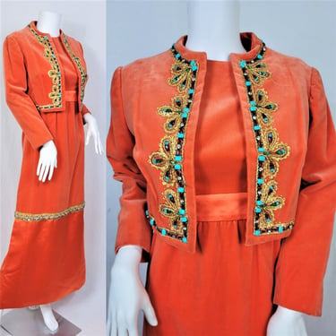 Beaded 1960's Orange Velvet Dynasty 2 Pc Long Maxi Dress Bolero Jacket I Sz Sm I Mrs. Maisel 