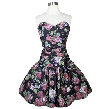 Vintage 80s Strapless Black Floral Rose Print Smocked Full Bubble Skirt Prom Cocktail Party Dress S Small Garden Party Positively Ellyn 