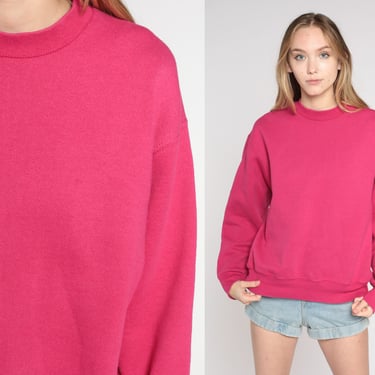 Hot Pink Sweatshirt 90s Plain Sweatshirt Bright Crewneck Retro Solid Slouchy Pullover Sweater Basic Drop Shoulder 1990s Vintage Medium M 
