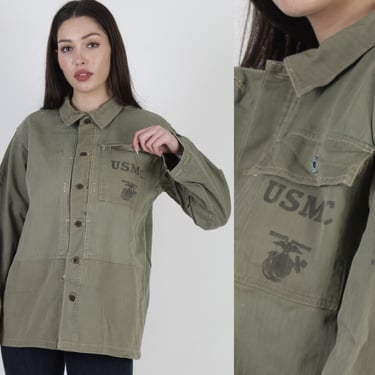 Mens WW2 HBT Jacket / Army Green Herringbone Uniform Shirt / Vintage 40s WWII US Military Marine Corps 