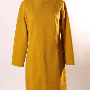 1960s Golden Yellow 3/4 Length Sleeve Polyester Shift Dress -L 