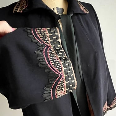 1920s Rayon Crepe Loose Jacket Embroidery Ribbonwork Antique 36 Bust 