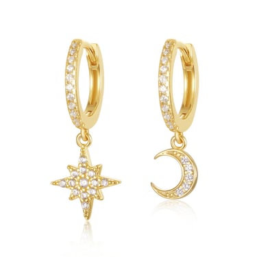 E140 moon star hoop earrings, pave huggie earrings, moon star earrings, moon earrings, star earrings, pave earrings, dangle earrings 