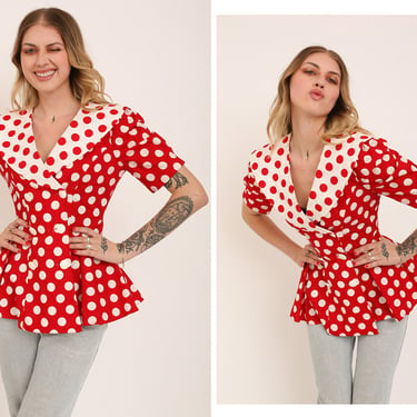 Vintage 1980s 80s Cherry Red White Polka Dot Peplum Hem Blouse // Rounded Collar, Double Breasted Buttons 