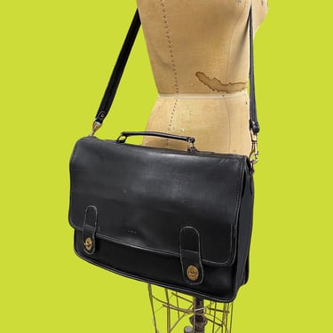 Vintage Messenger Bag Retro 1990s Preppy + By Laura USA + Black Leather + Briefcase + Attaché + Holds Laptop + Unisex Accessories + Work Bag 