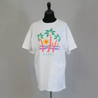 90s Aruba Swimsuit Cover-Up - White Beach Bathing Suit Tee - Palm Trees Sun Waves - Aloré Vintage Dated 1990 - One Size 50" Bust 