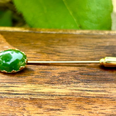 Vintage 12k Yellow Gold Filled Lapel Pin Green Gemstone Stick Pin Mid Century Jewelry 