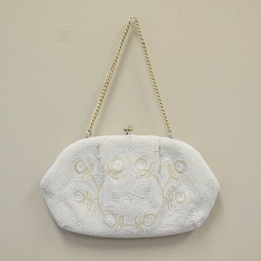 1950s White Beaded Evening Purse 