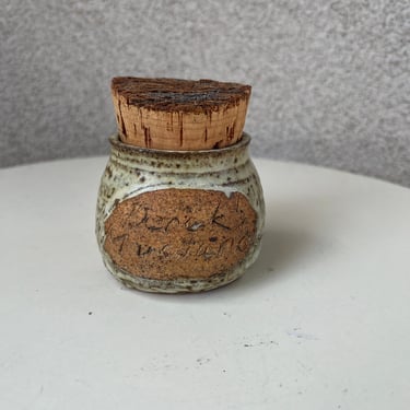 Vintage petite jar studio art pottery engraved Derek Mustard cork top 