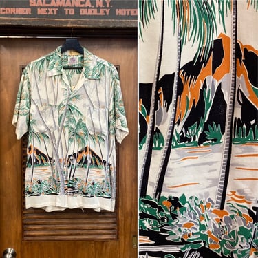 Vintage 1950’s “Duke Kahanamoku” From Here to Eternity Rayon Border Print Palm Tree Hawaiian Shirt, 50’s Vintage Clothing 