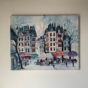 1980's Large Vintage Scirea  Modernist Parisian Street Scene, Acrylic On Canvas Painting 