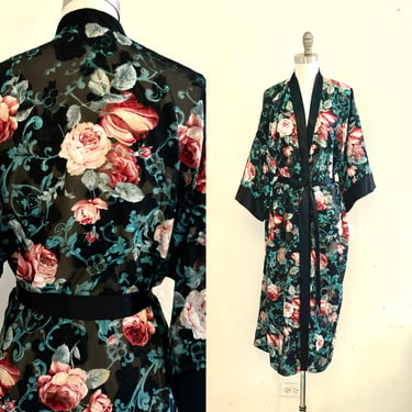 vintage 80's floral robe sheer black rose with pockets NWT 