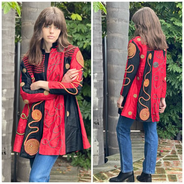 80s Fabulous Brocade SILK Embellished Duster Jacket Red M 