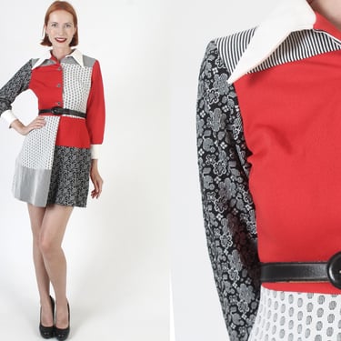 Dagger Butterfly Collar Dress, Vintage 70s Colorblock Micro Mini, Patchwork Go Go Scooter Style Frock 