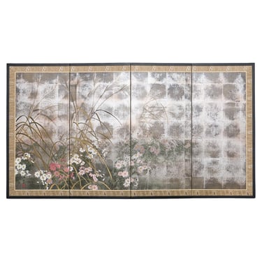 Japanese Showa Four Panel Screen Autumn Flowers and Grasses