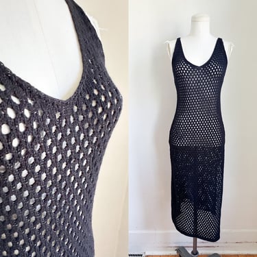 Vintage 1990s Black Cotton Crochet Dress / cover up // fits many 