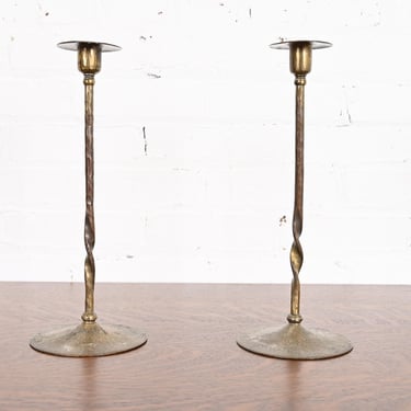 Roycroft Arts & Crafts Brass Finished Hammered Copper Candlesticks, Pair