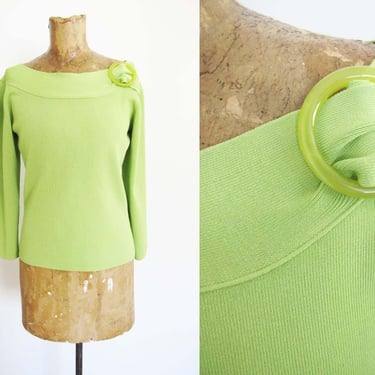 Vintage 2000s Lime Green Stretchy Off Shoulder Top S - Y2K Buckle Shoulder Long Sleeve Knitted Shirt 