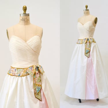 80s 90s Vintage Cream White Strapless Ball Gown Dress Mary McFadden Inspired Strapless Beaded Sequin Pink White Wedding Dress XXS XS Small 