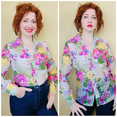 1970s Vintage Nylon Sheer White Floral Blouse / 70s Hot Pink Neon Flower Disco Shirt / Size Large 