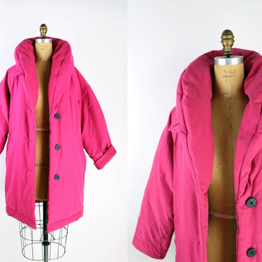 Vintage Bill Blass Hot Pink Puffy Coat / Purple lining / 80s Fuchsia Jacket / Size S/M/L 