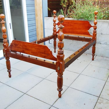 Antique Solid Cherry Wood Cannon-Ball Bed Frame Early Double Size 