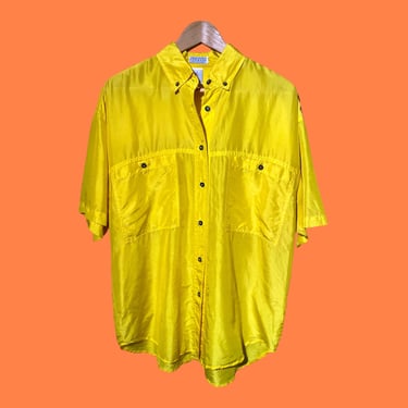 Yellow Silk Shirt, Vintage 90s EXPRESS Silk Oxford, Oversized Simple Minimal Vibrant Pocket Front Loose Fit Button Up Blouse Summer Shirt 