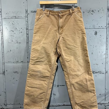 35x30 90s distressed worn in duck canvas Tan Carhartt blanket lined  pants Carpenter Style earth tone workwear 