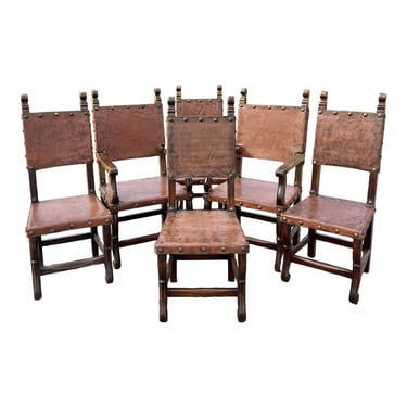 Spanish Revival Studded Leather Dining Chairs - Set of 6 