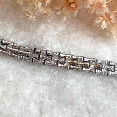 Bamboo Sectioned CZ Accented Triple Rows Speciality Chainlink Geometric 925 Sterling Silver Vintage Bracelet - 8&quot; 