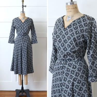 vintage 1950s day dress in gray & black paisley • cotton corduroy full skirt rhinestone dress 