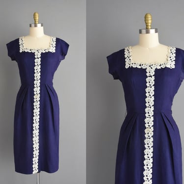 1950s dress | Gorgeous Navy Blue Linen Sparkly Rhinestone Cocktail Party Wiggle Dress | Small | 50s vintage dress 