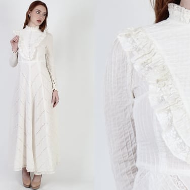 White 70s Cotton Prairie Wedding Dress / Mexican Inspired Crochet Lace Dress / Vintage Monochrome Chevron Striped Maxi Dress 