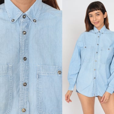 90s Levis Denim Shirt Blue Cotton Button Up Shirt Jean Shirt 1990s Grunge Streetwear Long Sleeve Button Down Small S 