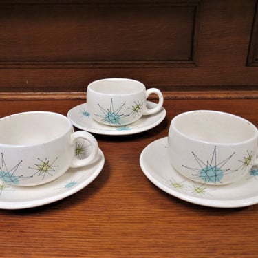 Set Of 3 Franciscan Atomic Starburst Mid Century Cups And Saucers 