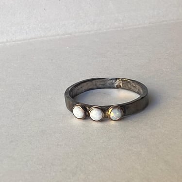 Triple Opal Band in 14k goldfilled bezels on flat sterling hammered blackened band 