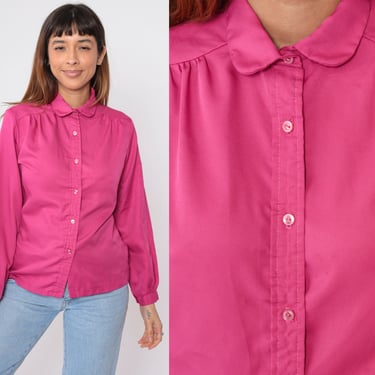 Bright Pink Blouse 80s Button Up Shirt Vintage Plain Bright Simple Collared Top 1980s Retro Plain Secretary Shirt Long Sleeve Small S 
